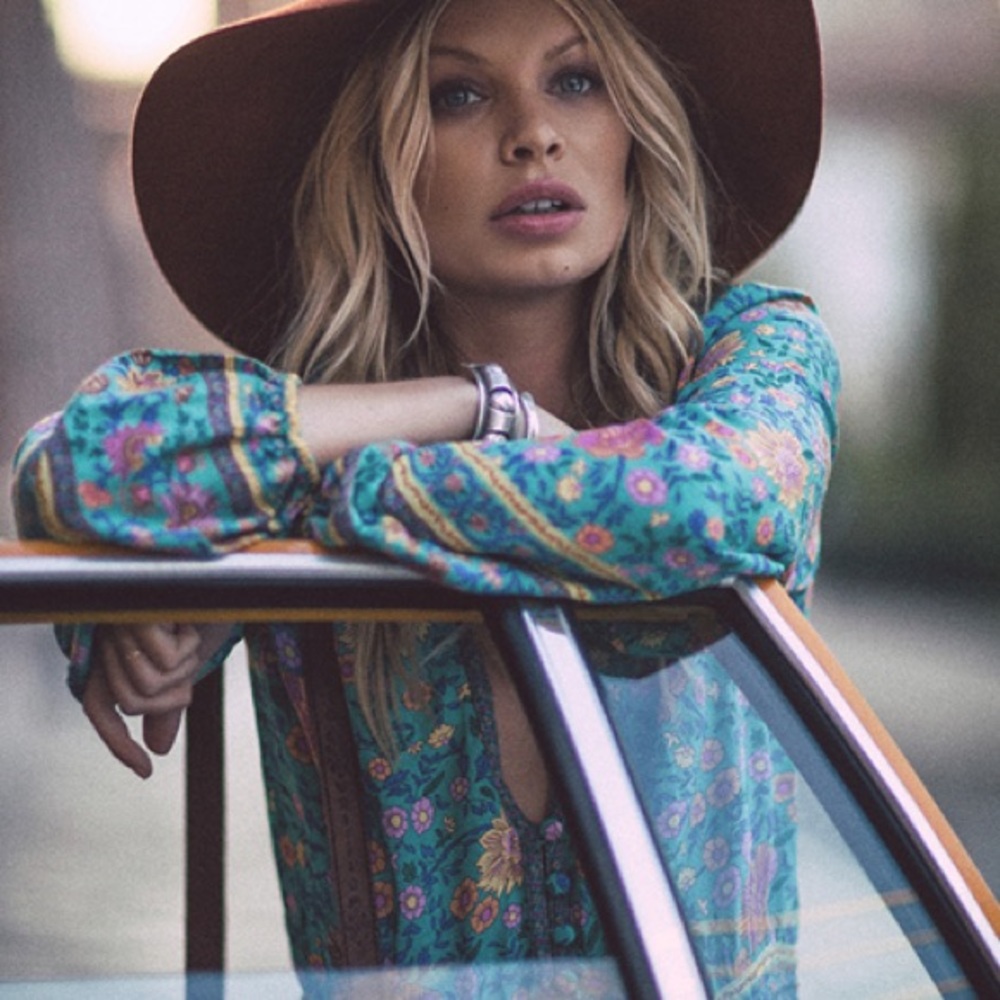 Folk Town Boho Turquoise Maxi DRESS Floral Cotton - Picture 5 of 7